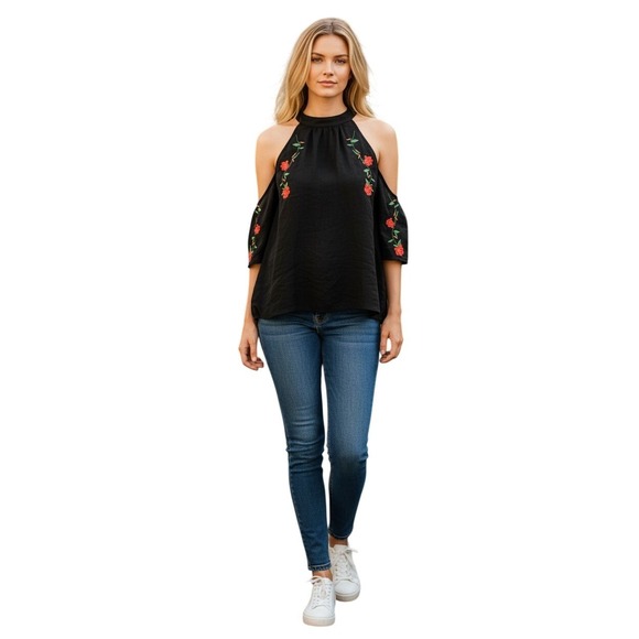 Lumiere Tops - Lumiere Black Floral Embroidered Cold Shoulder High Neck Blouse Women's Medium‎